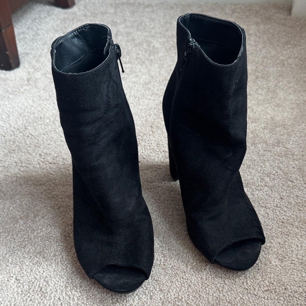 Black Suede Open-Toe Ankle Boots